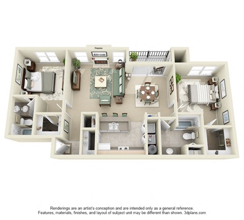 Floor plan for 2 beds, 2 baths, 1049 sqft